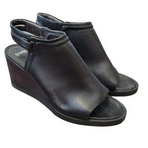 CAMPER // Limi black leather open toe wedge sandal with brown wood - Size 40/ 10